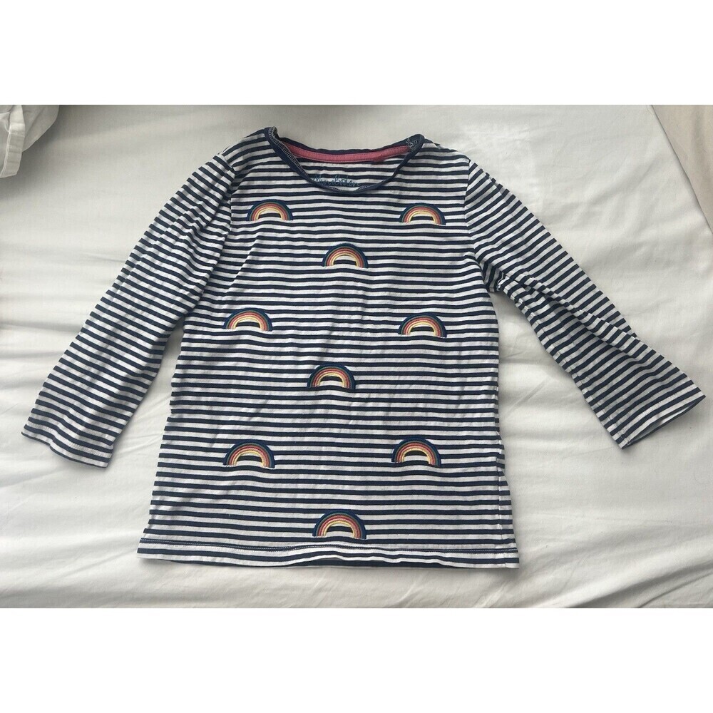 Mini Boden Girls Long Sleeve Tee Shirt 7-8Y Striped Navy Rainbow Print Cotton